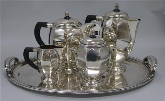A silver plated French Art Deco tea / coffee service with tray, signed Bouillet & Bourdette